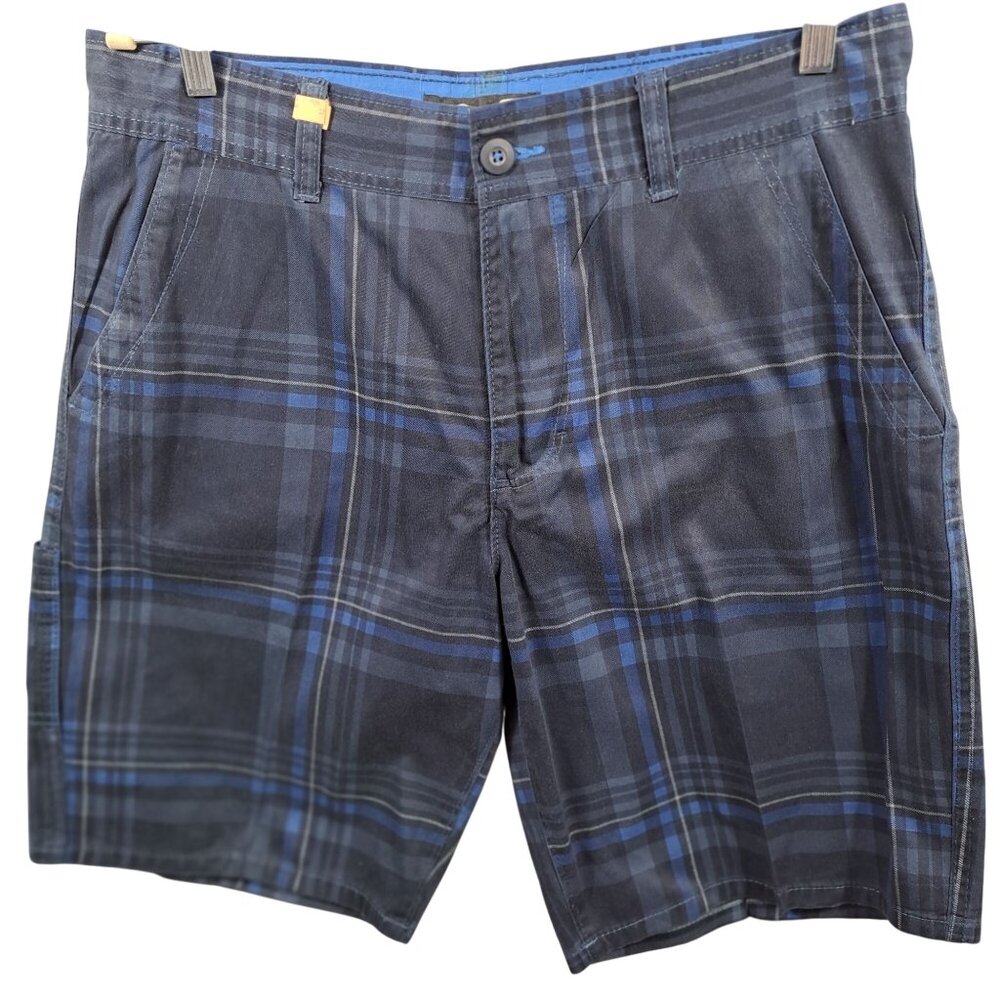 OP Ocean Pacific Mens 34-36 Black Blue‎ Plaid 100% Cotton Casual Shorts Zip Flat